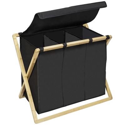 Wäschesortierer WENKO "Trio Ecori", schwarz (schwarz, natur), B:69cm H:56,5cm T:33cm, Bambus, Polyester, Wäschesammler, Wäschesortierer