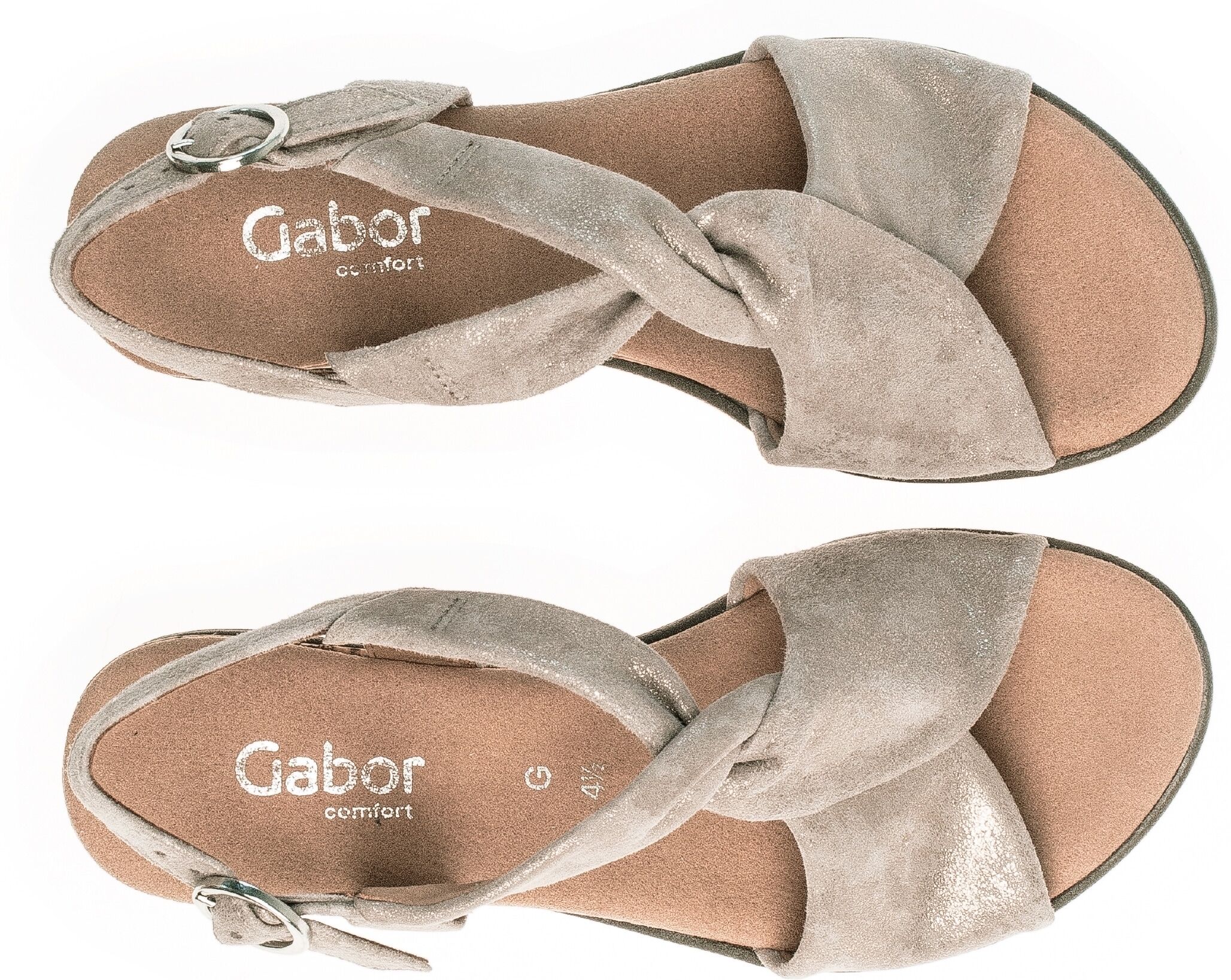 Keilsandalette GABOR "GENUA", Damen, Gr. 42, Textil, grau (taupe), Ziegenveloursleder, metallic, Schuhe Keilsandalette, Sommerschuh, Sandale, Keilabsatz, mit Metallic-Effekt, G-Weite