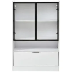 OKWISH Standvitrine aus Spanplatte in Weiß, 120x80x35 cm, mit LED-Beleuchtung und Glastüren