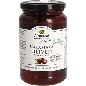 Alnatura Gemüsekonserve Kalamata-Oliven ohne Stein, BIO, in Rotweinessig & Meersalz, ohne Zuckerzusatz, im Glas, 350 g