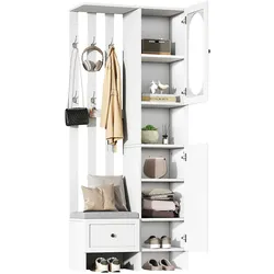 Garderobenschrank 85x33x200 mit Spiegelglas, Schuhbank, 2 Schränken, 6 Haken, Ablagen, Flurmöbel mit Stauraum, platzsparend, modern, Weiß