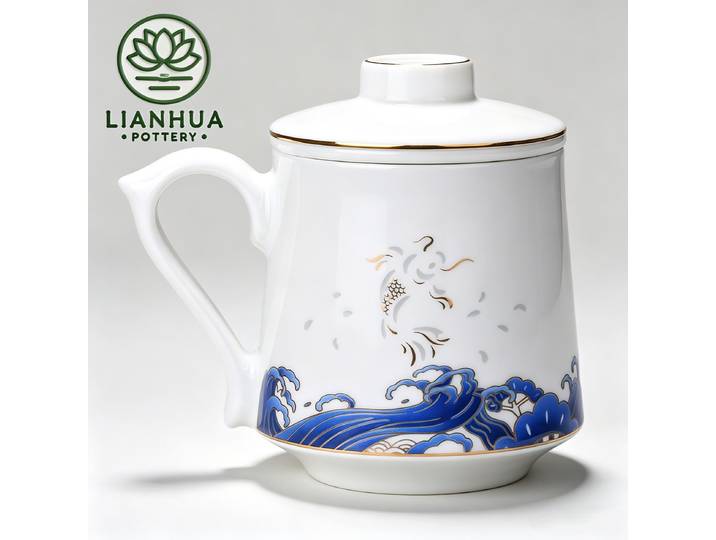 Tasse en porcelaine Linglong LIANHUA POTTERY avec infuseur 500ml, design artisanal carpes koï dorées et vagues bleues, cadeau d'anniversaire de luxe