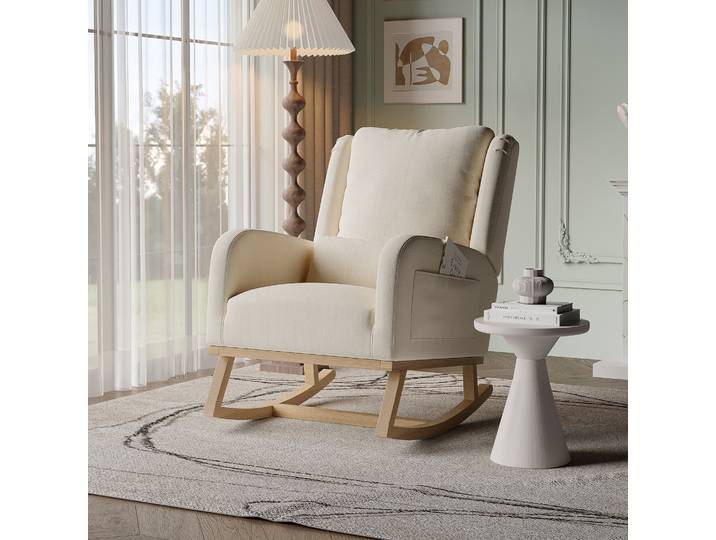 Fauteuil à Bascule en Lin, Fauteuil Rembourré avec Coussin Lombaire, Pieds en Bois et Poches Latérales, Fauteuil Relaxant