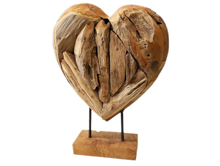 Teakholz-Herz-Skulptur auf Sockel, Dekoherz Liebe, 24 x 30 x 8