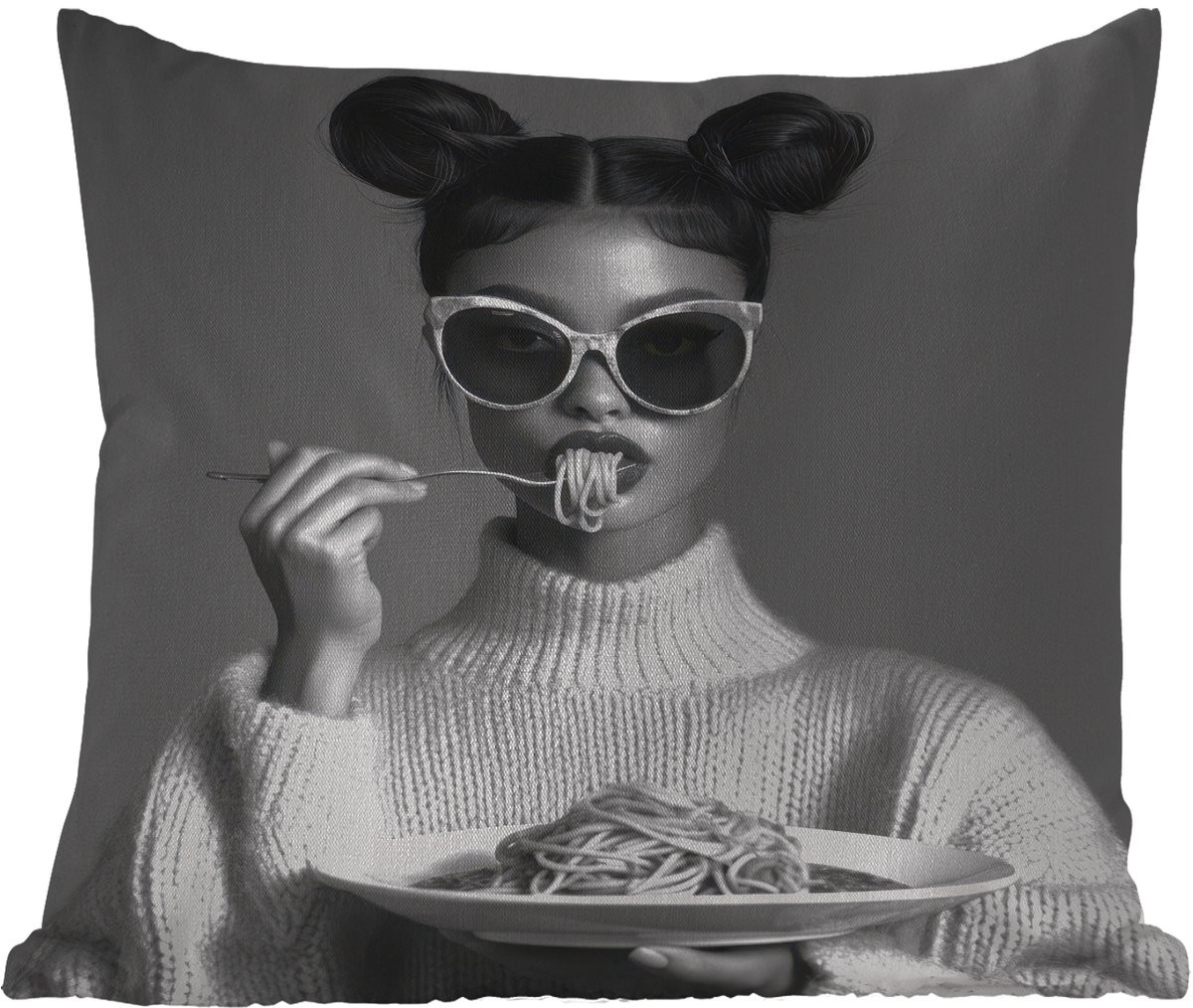 PillowMonkey Weerbestendig Sierkussen Buiten Vrouw Pasta Zonnebril 60x60 cm
