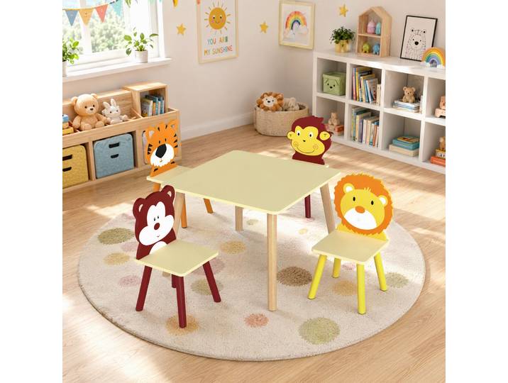 AIYAPLAY Ensemble Table 4 Chaises Bois Jaune 5 Pièces Enfant 3-8 Ans