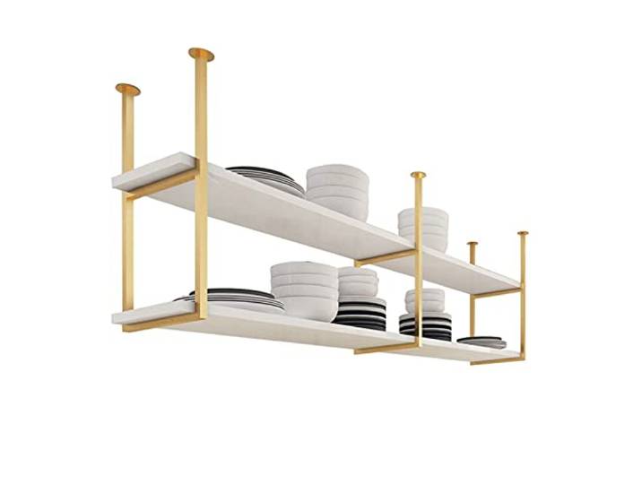 Küchenhängeregal Deckenregal Pot Pan Rack Blumenstand holz- und Metall-Eisen-Dekoratives-Ausstellungsständer-Schweberegale-Weinregal für Den Heimgebrauch-Bar-60cm/80cm/120cm/140cm/150cm - Weiß + Gold