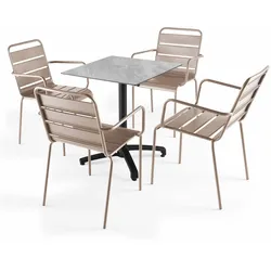 Oviala Business Set aus Tisch 70 cm Marmor und 4 taupefarbenen Metallstühlen