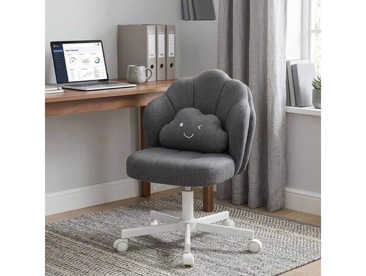 Chaise de bureau - COMHOMA - Chaise Pétale de Bureau - Dossier double floral - Coussin lombaire nuage - Lin gris