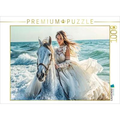 CALVENDO Puzzle Braut auf Pferd in Meereswellen | 1000 Teile Lege-Größe 64x48cm Foto-Puzzle für glückliche Stunden
