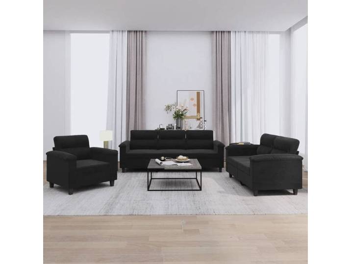 Ensemble de canapés avec coussins - - Noir - Tissu microfibre - Fauteuil 90x77x80 cm