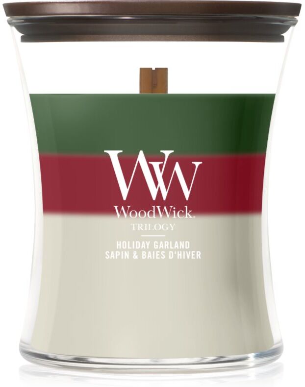 Woodwick Trilogy Holiday Garland scented candle with wooden wick 275 g