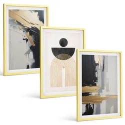BILDER SET 3er Set - 40x60 cm Goldrahmen - Abstrakte Geometrie Eleganz