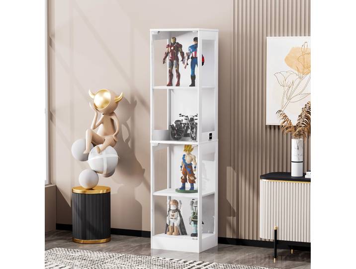 Vitrine 40x35x165 Cm Blanche En Mdf Et Verre Avec Led Tricolore\, Portes Vitrées Et Capteur De Mouvement