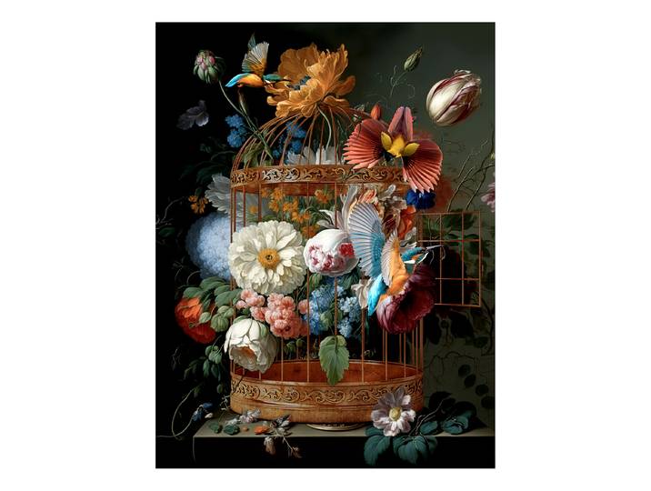 Tableau verre Birds And Flowers Verre flotté Blanc/Marron/Noir 60 x 80cm