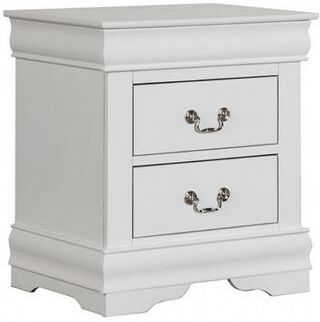 Benjara Ryla Nightstand, 2 Drawers, Classic White Solid Wood, Nickel Metal Handles