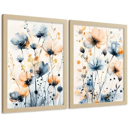 POSTER 2er-Set Wandbilder Blumen Blau Orange Boho modern Wohnzimmer Deko, Schlafzimmer, Küche, Badezimmer Rahmenlos A3