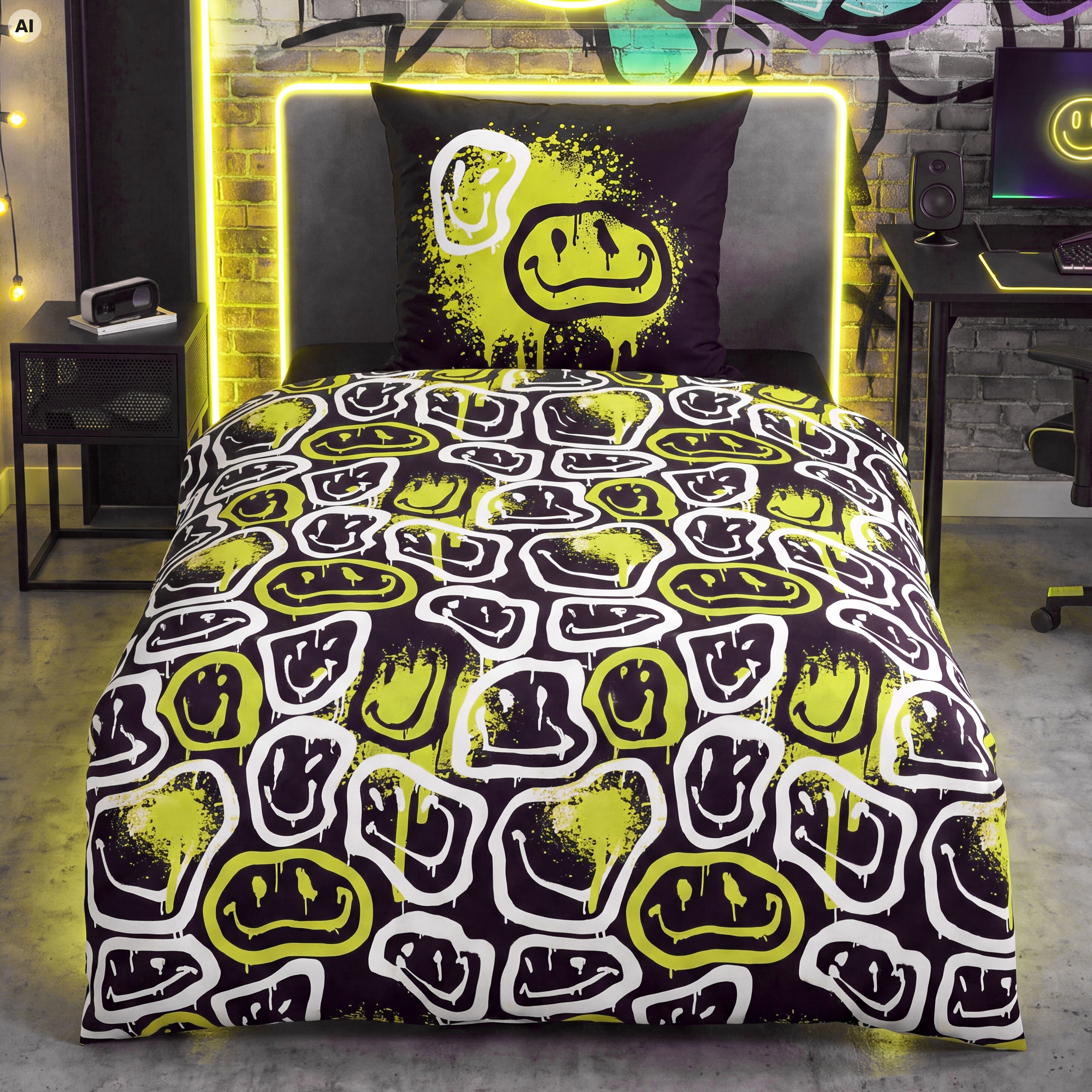 Bettwäsche "Neon Faces", gelb (multicolour), B/L: 135cm x 200cm, 1 Stk., 1 Stk., Renforcé, B/L: 80cm x 80cm, 2, Renforcé, Obermaterial: 100% Baumwolle, HERDING YOUNG COLLECTION, Bettwäsche, Bettwäsche multicolour B/L: 135cm x 200cm, 1 Stk., 1 Stk., Renfor