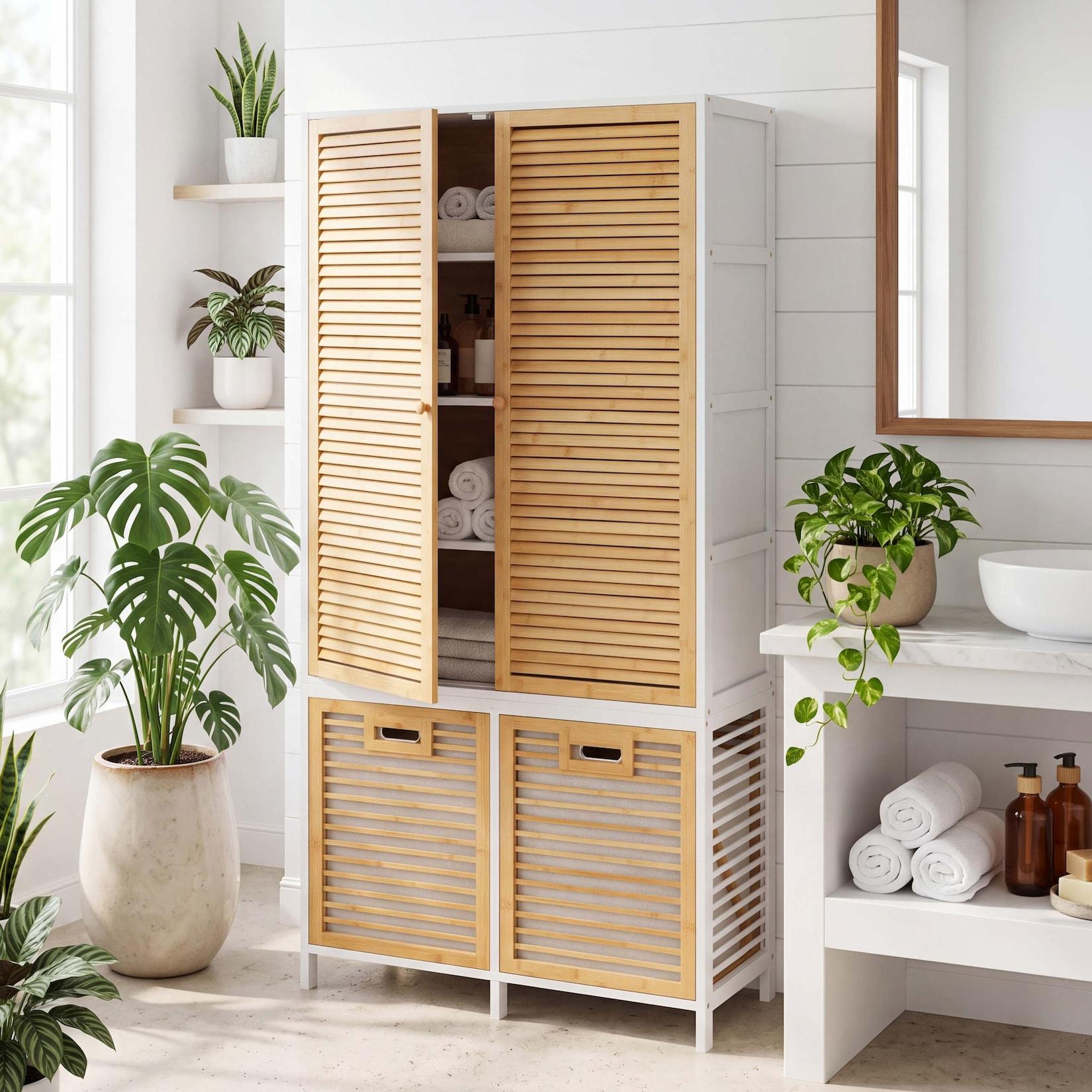 Bambus-Badezimmerschrank MCW-N83, Badregal Schrank, 2 Wäschekörbe Türen MVG 168x82x34cm ~ natur-weiß, Korb natur