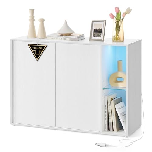 SONGMICS HOME Dressoir met Verlichting en Glazen Plank, Sneeuwwitje, KADIN Collectie BBK372W01