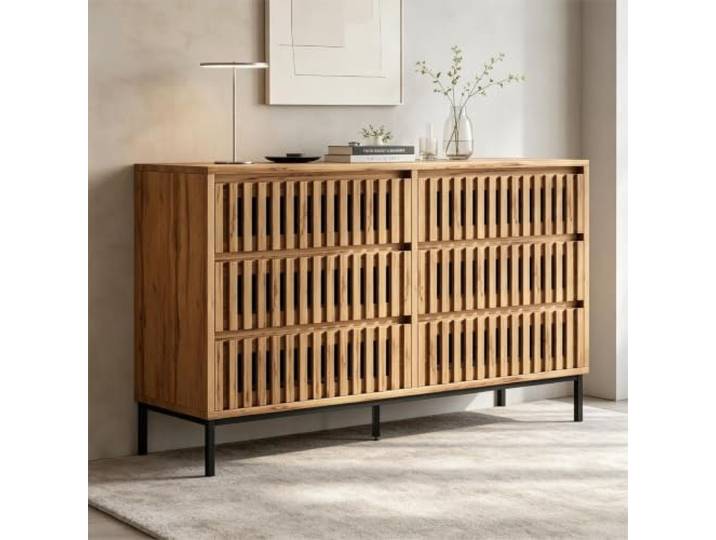 Merax Sideboard 120cm, Kommode mit 6 Schubladen, Landhausstil Schmaler Schubladenschrank, Hohl-Lamellen Design, Stabile Stützbeine, Mehrzweckschrank Flurschrank für Wohnzimmer Schlafzimmer, Holzfarbe