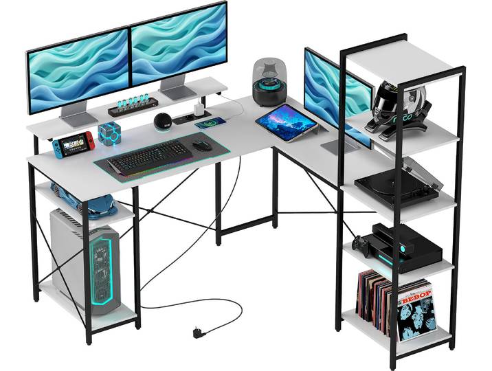 Bureau d'angle HOMCOM avec prise électrique et USB\, étagère et support pour écran\, blanc et noir