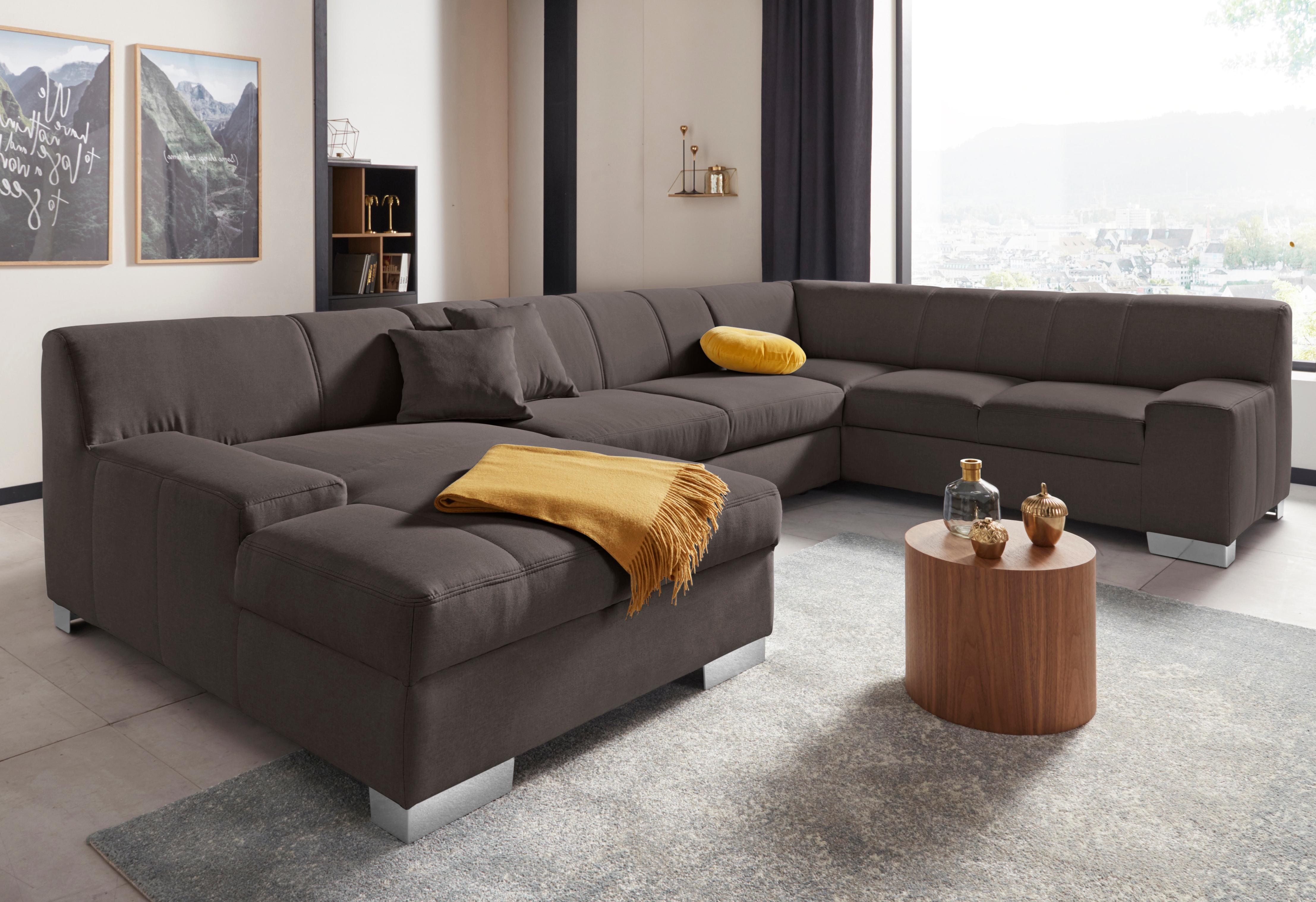 Wohnlandschaft DOMO COLLECTION "Bero, elegant und zeitlos, flache Armlehnen, Breite 328cm, U-Form", grau (stone), B:328cm H:74cm T:212cm, Feinstruktur (100% Polyester);Luxus-Microfaser (100% Polyester);Zierkissen: Im jeweiligen Bezugsstoff;Struktur fein (