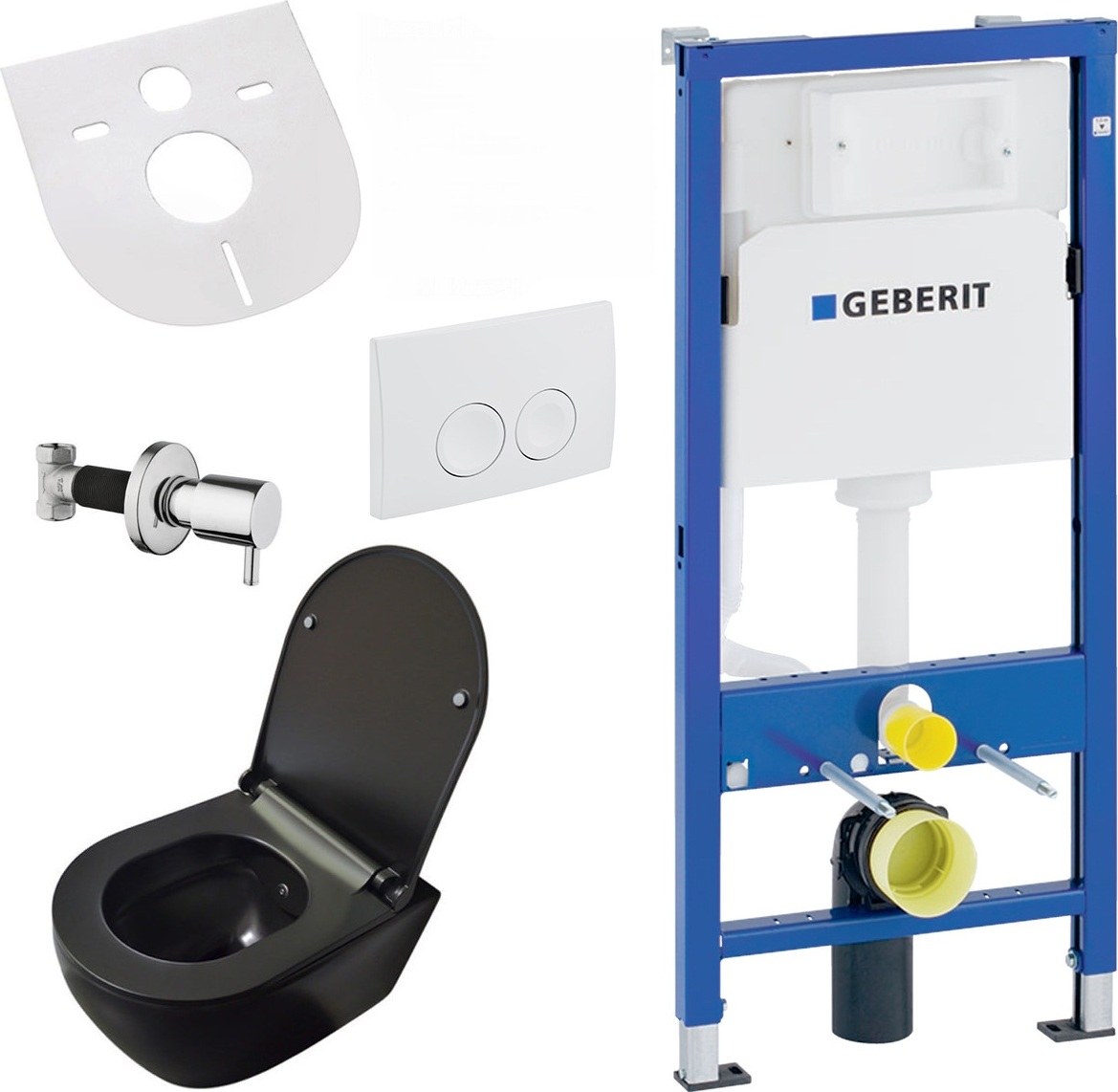 Belvit Wand WC Set spülrandlos Schwarz matt mit Taharet Bidet, Softclose Sitz und Geberit UP100 Vorwandelement Keramik