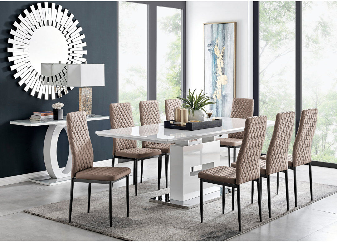 Canora Grey Alezzo Modern High Gloss Extendable Dining Table Set with 8 Quilted Faux Leather Dining Chairs Cappuccino/Black 8
