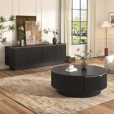 GDFStudio Viremont Wood Fluted Coffee Table and TV Console Set with Hidden Storage