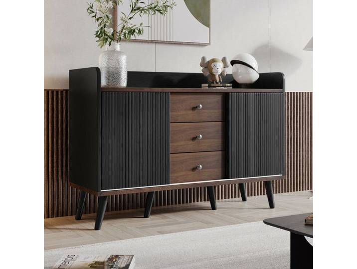 URBAN MEUBLE Buffet élégant vintage effet bois noyer et noir avec 2 portes coulissantes