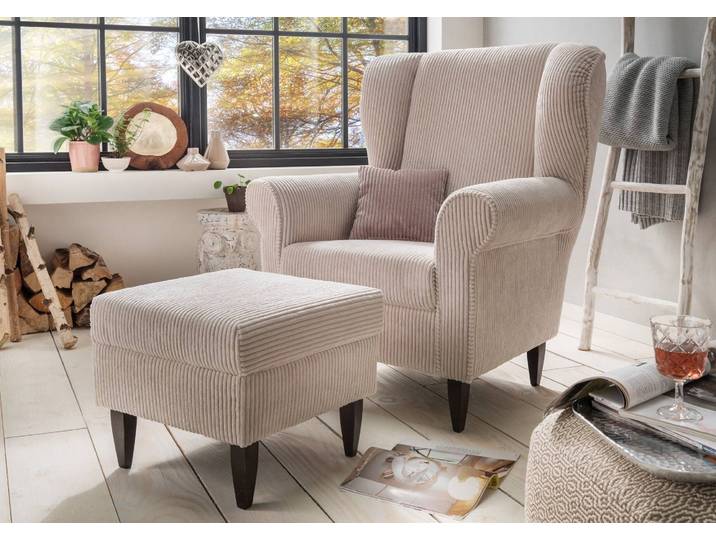 Edmondo Ohrensessel im Landhausstil mit Cordstoff in Beige – Montierte Lieferung – 3%-Vorkasse-Rabatt