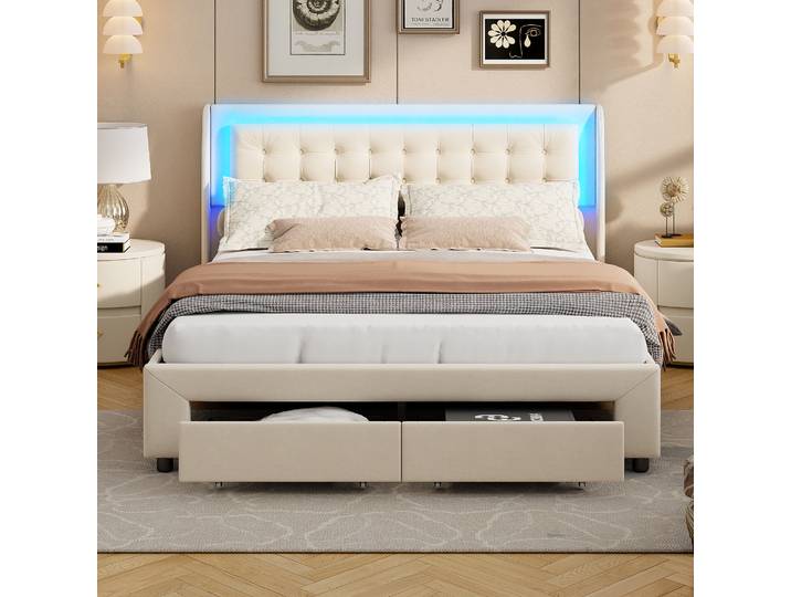 Rosahqnda Tête de lit rembourrée en simili cuir, coussin de lit double, lit de rangement, fonction hydraulique