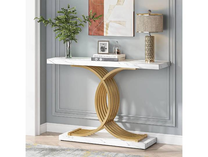 Tribesigns Table d'entrée dorée, console moderne de 39 pouces, canapé étroit en faux marbre et bois avec pieds géométriques en métal