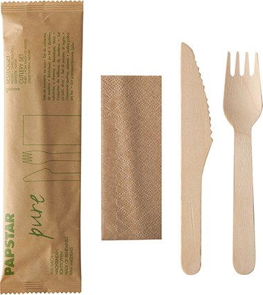 10500 Bestecksets aus Holz "pure", Messer, Gabel, Serviette in Papierbeutel Holzbesteck
