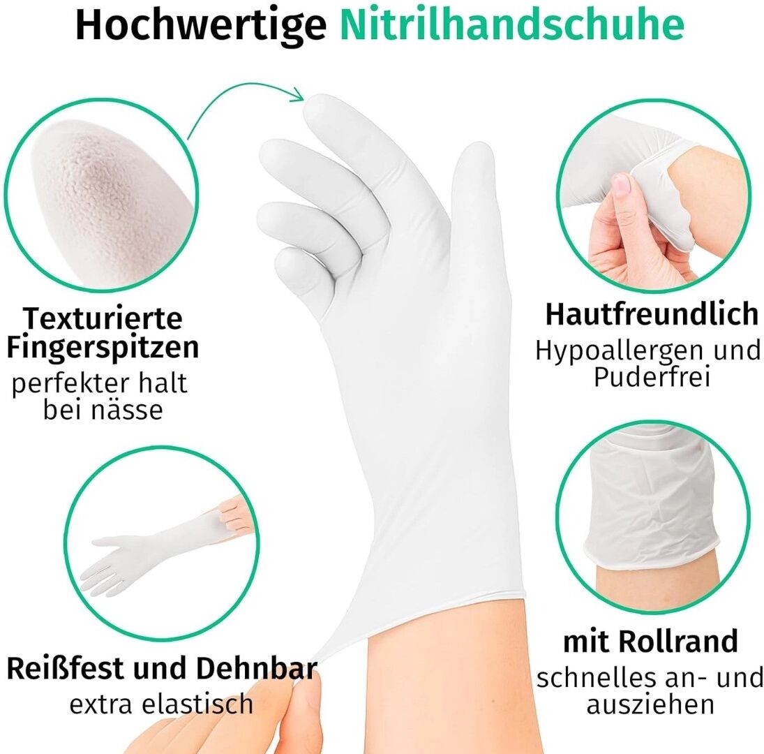 INF Einweg-Nitrilhandschuhe 100 Stk. - Puderfrei, stich- und reißfest, ölresistent, Weiß, M/L/XL M
