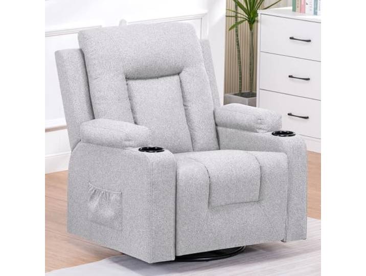 COMHOMA Relaxsessel aus Stoff für Wohnzimmer mit Manuell Verstellbarer Rückenlehne, Ausziehbarer Fußstütze, 360° Drehfunktion, Becherhaltern, Seitentaschen und Ergonomischem Design, Hellgrau