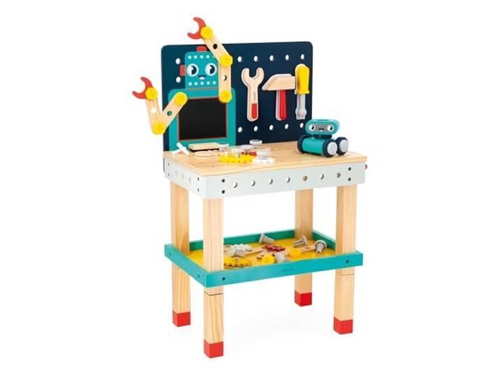 Janod - Brico'Kids Große Roboter-Werkbank - Bauspiel Kind - 51 Bauelemente + 3 Werkzeuge + 1 Roboter - Rollenspiel - Fördert Feinmotorik - Ab 36 Monate, J06457
