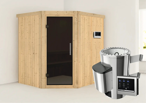 Plug & Play Sauna Karibu Silja inkl. 3,6 kW Ofen u.ext.Steuerung ohne Dachkranz mit graphitfarbeneer Ganzglastüre
