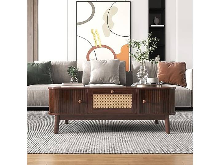 YuQozii Couchtisch - Rattan-Kaffeetisch, Schubladen mit Rattan und Schiebetüren mit Massivholzlatten, Massivholzbeine, Natürlicher Landhausstil. (Holzfarbe, hellgelb)