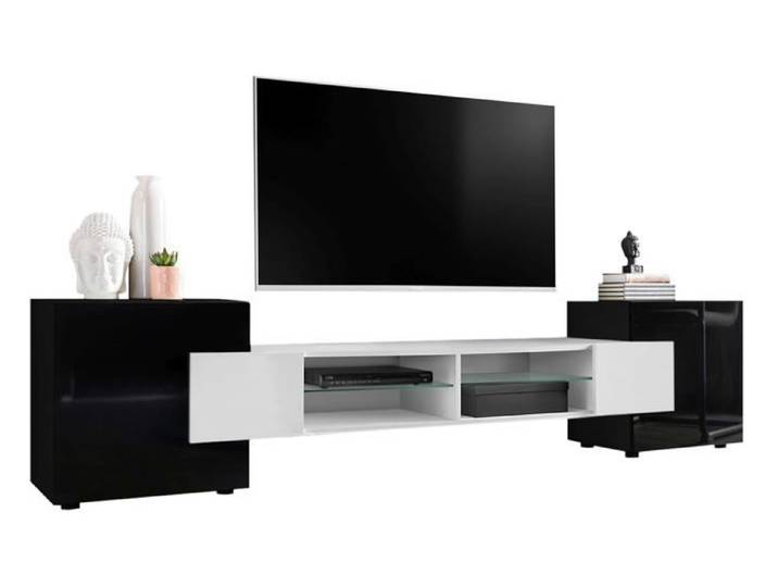 Meuble TV Merano Komodee - sans LED - Noir Blanc Noir - 230 x 53 x 35 cm