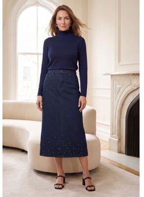 Plus Size Women's Classic Cotton Denim Midi Skirt by Jessica London in Indigo Placed Rhinestones (Size 22) 100% Cotton