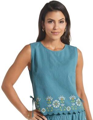 Masseys In-Bloom Embroidered Tank Top (Size 1X) Adriatic Blue/White/Yellow, Cotton,Rayon