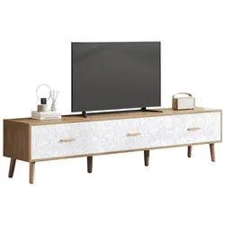 TV-Schrank Retro 150x39x35 mit weißen Türen, Stauraum und Massivholzbeinen, für Wohnzimmer und Schlafzimmer, Holzoberfläche
