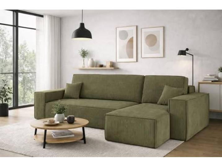 Kaiser Möbel, Ecksofa mit schlaffunktion, mit Bettkasten, Schlafsofa Best, Designer Sofa, Modern Design Couch, Polsterecke, Freistehend, Dicker Cord, Olive Rechts