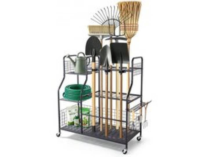 VEVOR Gartengeräte Ständer 1050x435x1005mm Gerätehalter mit Rollen Schwarz, Aufbewahrungsregal für Garage Schuppen Garten, Stahl-Organizer für Besen, mit 3 Ablagefächern Haken & Doppelschichtschlitzen