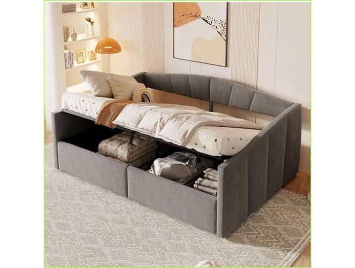 Lits Cadres & Socles - Sofabed Multifonctionnel Rangement Hydraulique Velours Rayé - Gris