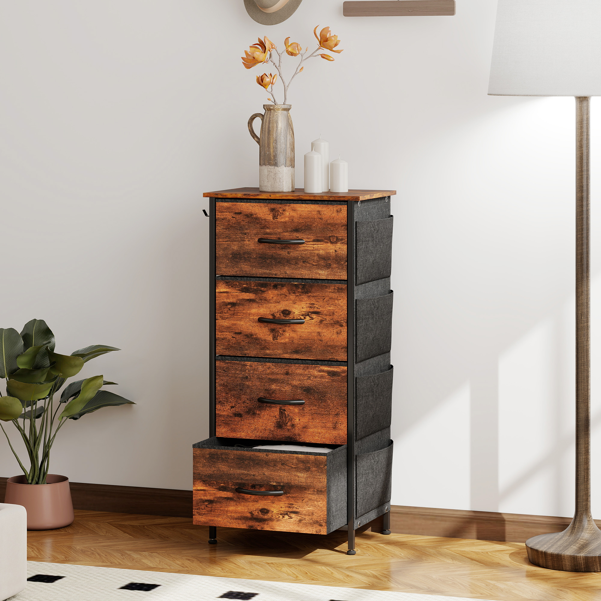 Homcom Cassettiera in tessuto con 4 cassetti, 4 tasche e 2 ganci, 45x30x94,5 cm, marrone   Aosom Italy