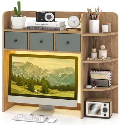 Costway Desktop Bookshelf with LED Lights 5-Tier Shelves and 3 Drawers for Home Officce-Natural