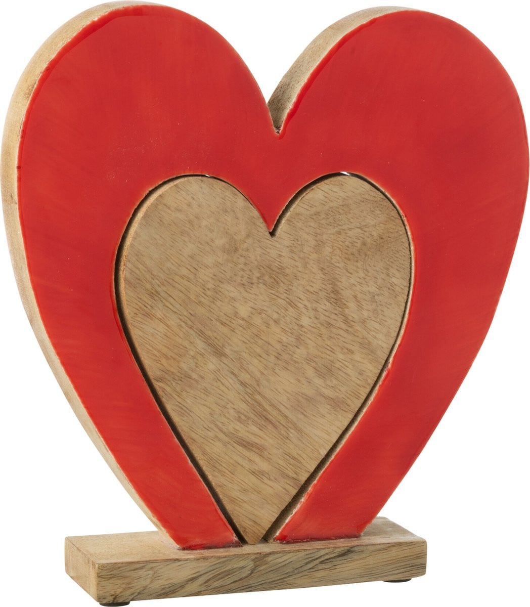 J-Line Decoratie Hart Dubbel Op Voet - Mangohout - Rood/Naturel - Large